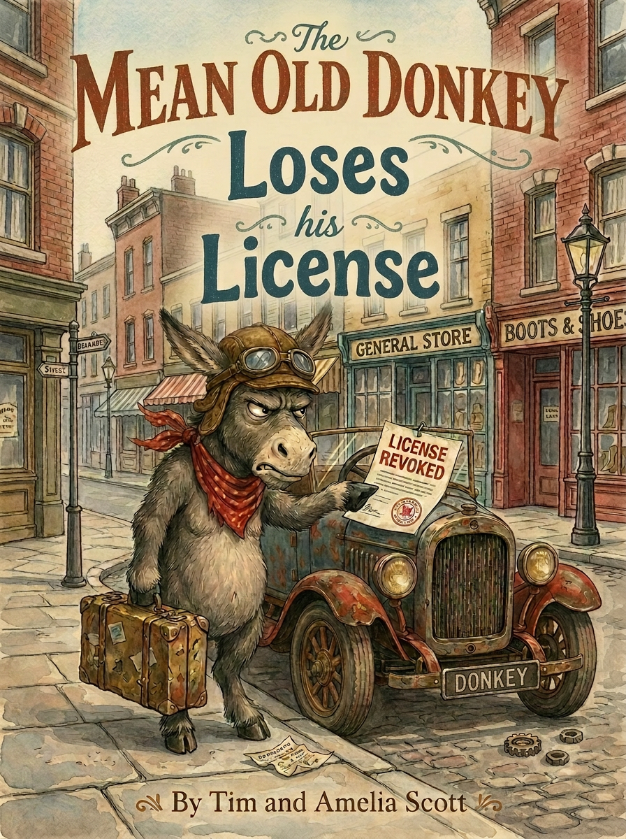 Cover of The Mean Old Donkey Loses his License by Tim and Amelia Scott