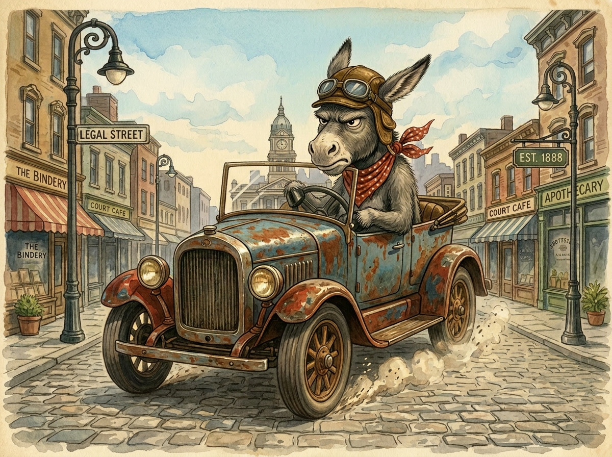 A grumpy old donkey in a driver's cap behind the wheel of a rickety jalopy on a city street.